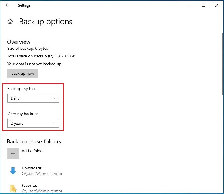 windows settings backup options