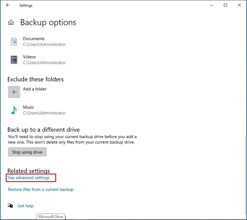 windows settings backup related settings