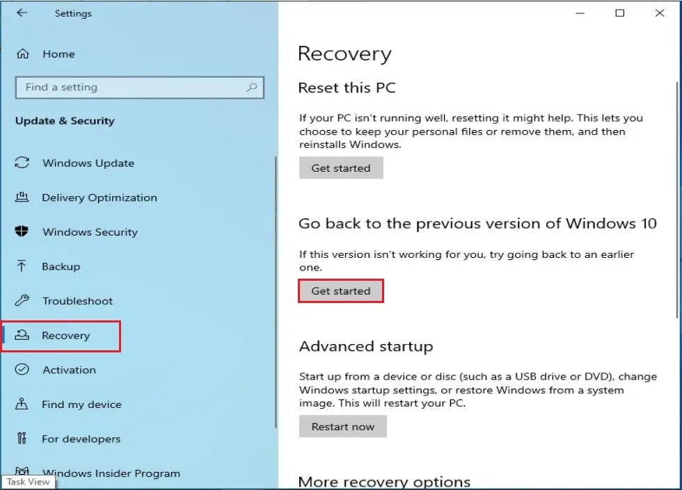 windows settings recovery