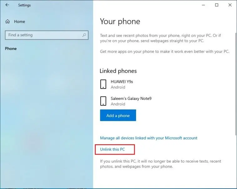 windows settings unlink this phone