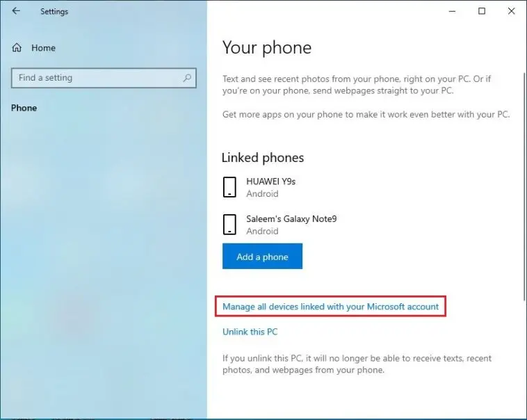 windows settings your phone