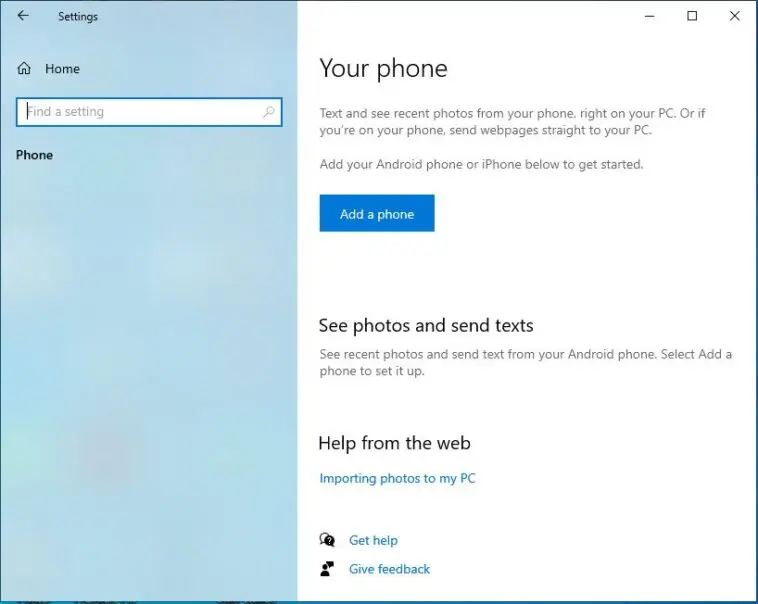 windows settings your phone