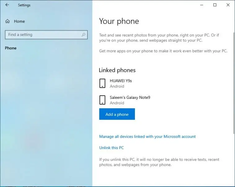 windows settings your phone