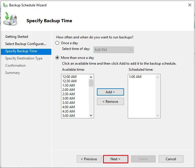 backup schedule specify backup time