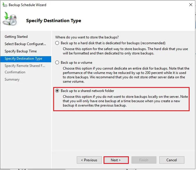 backup schedule specify destination