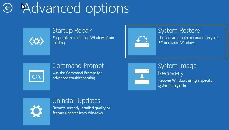 Advanced options system restore