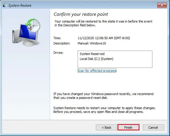 confirm your restore point