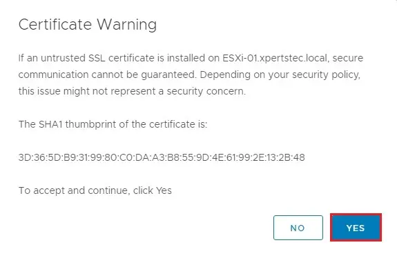 esxi ssl certificate warning