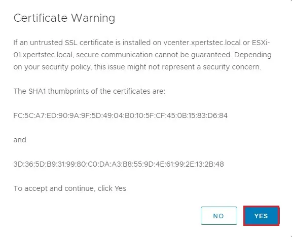 esxi ssl certificate warning