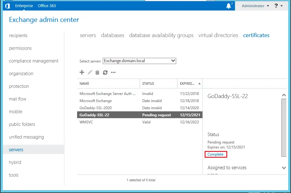 exchange admin center certificates