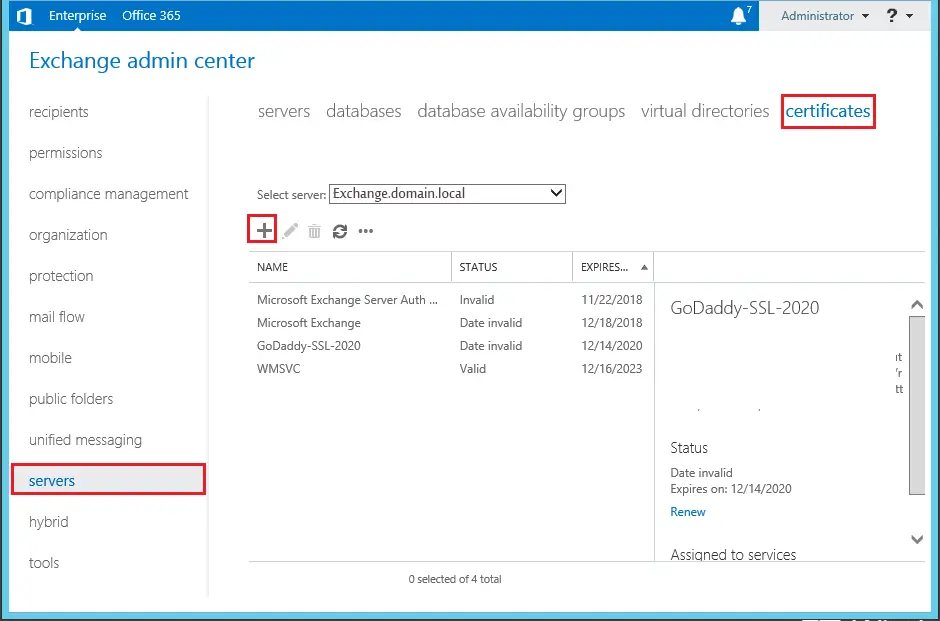 exchange admin center certificates