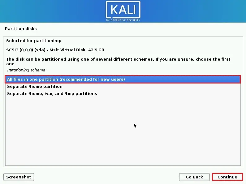 install kali linux partition disks