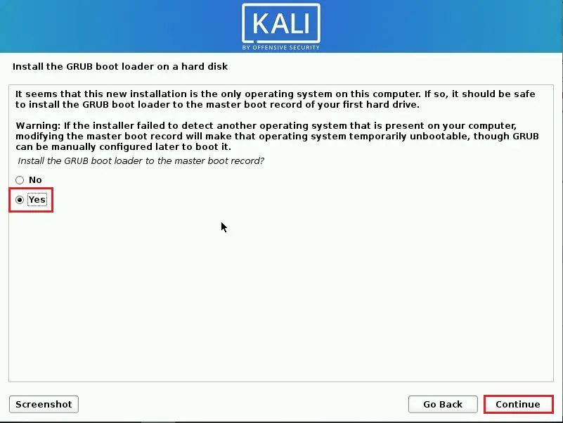 kali linux installer grub boot