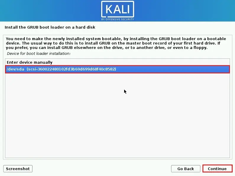 kali linux installer grub