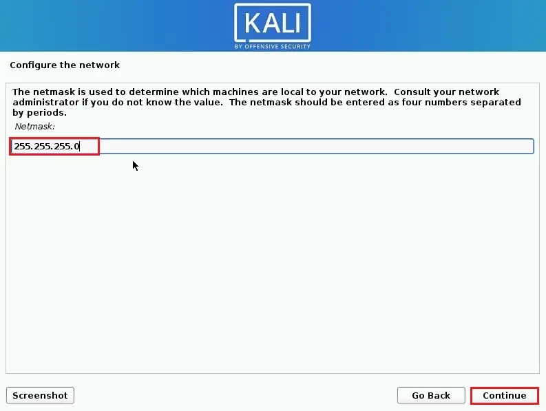 kali linux installer netmask