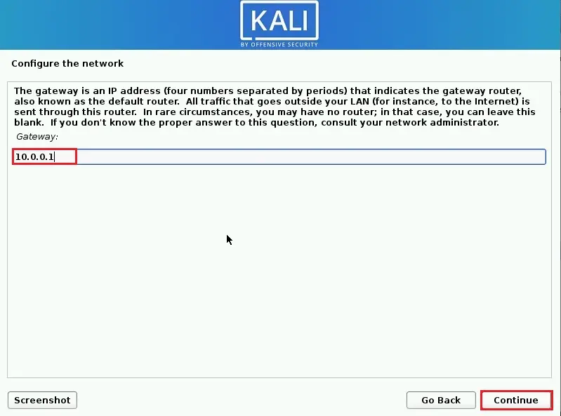 kali linux installer network gateway