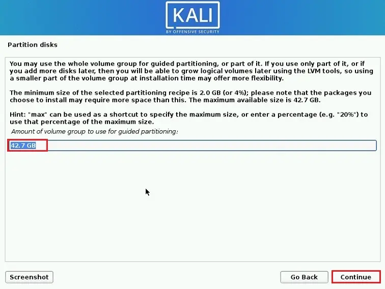 kali linux partition disks size