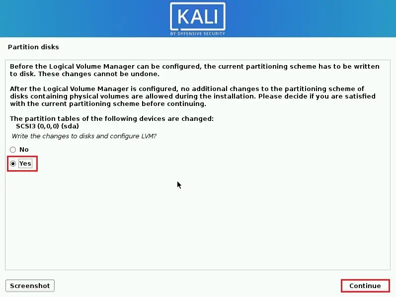 kali linux partition disks write