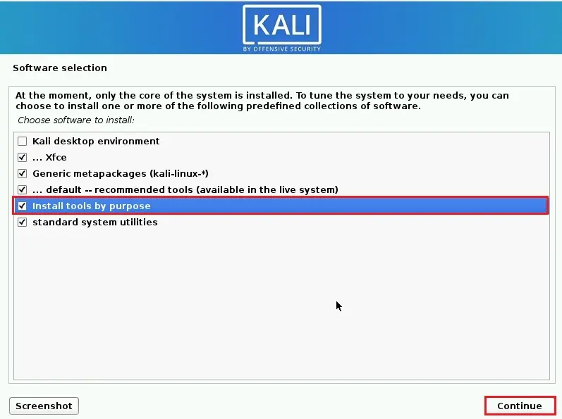 kali linux software selection