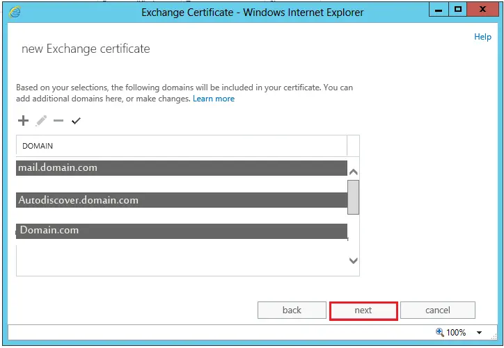 new exchange certificate domains