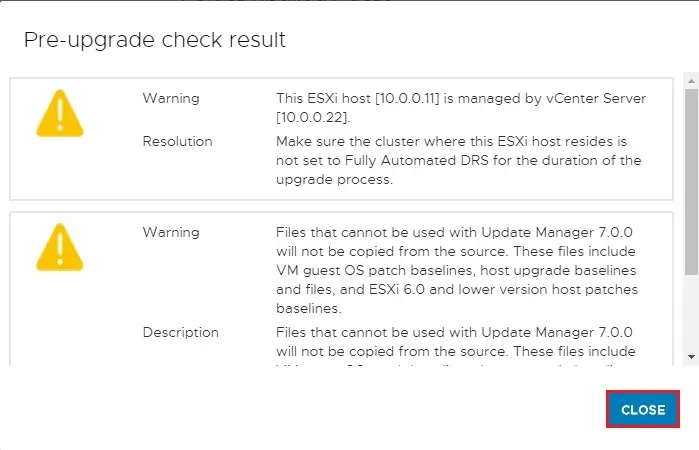 pr-upgrade check result vmware warning