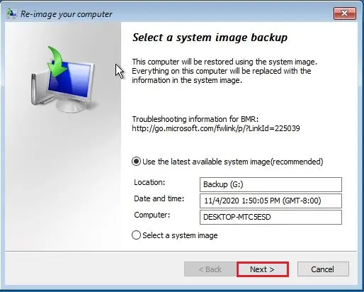 select a system image backup