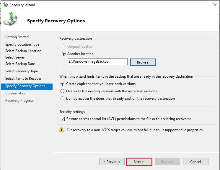 server recovery specify recovery options