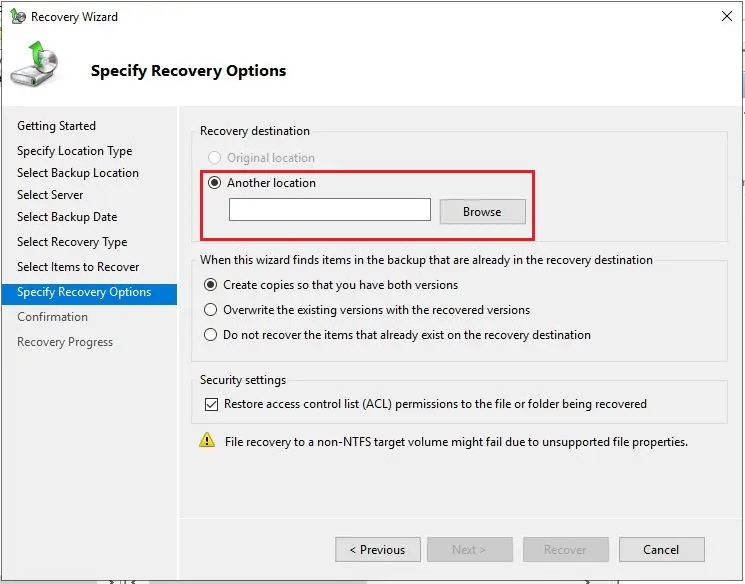 server recovery specify recovery options