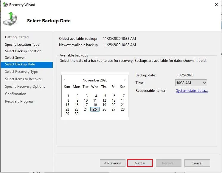 server recovery wizard backup date