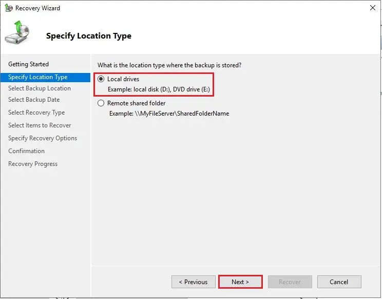 server recovery wizard location type