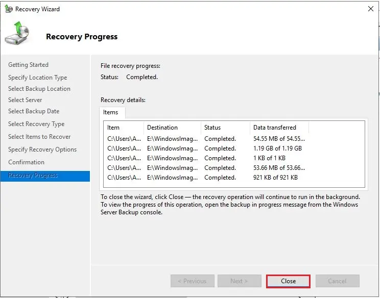 server recovery wizard progress