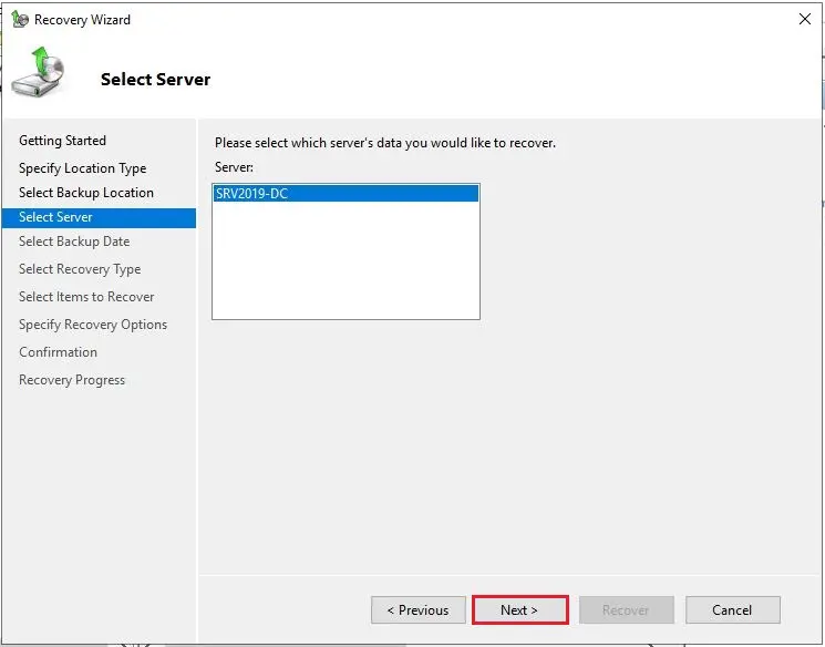 server recovery wizard select server