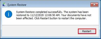 system restore completed