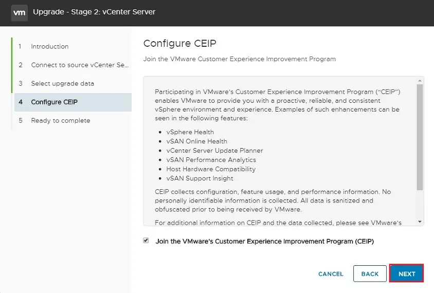 upgrade vcenter server configure ceip