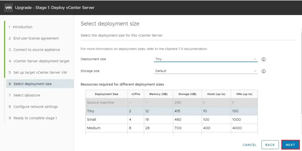 upgrade vcenter server deployment size