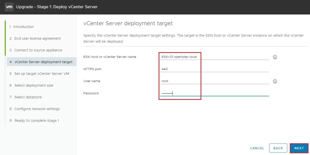 upgrade vcenter server deployment target