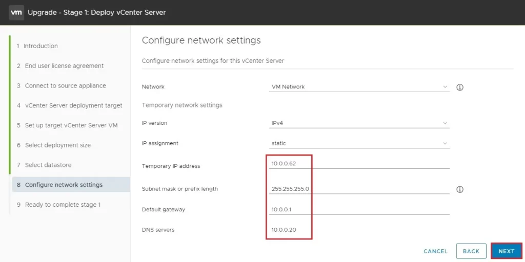 upgrade vcenter server network settings