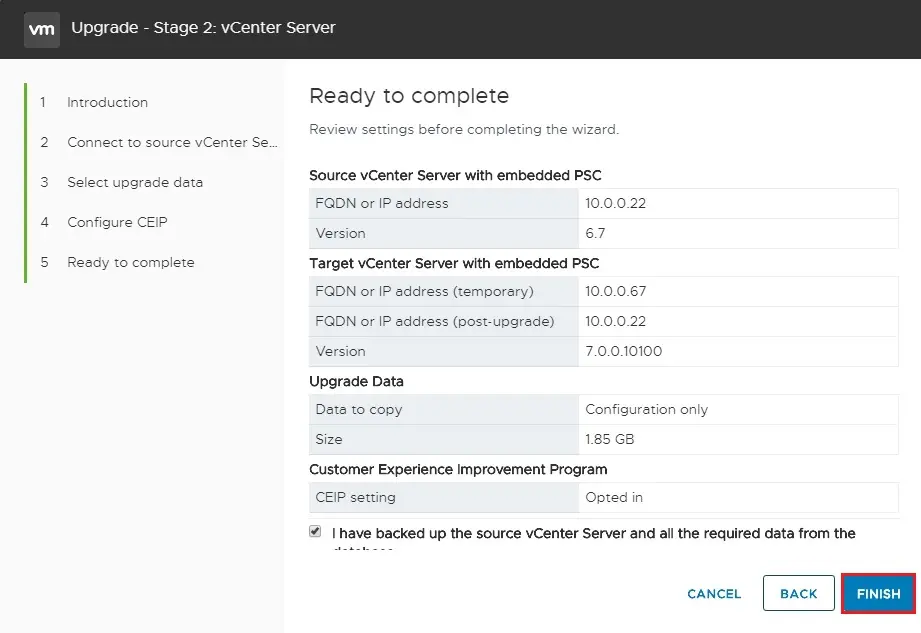 upgrade vcenter server review settings