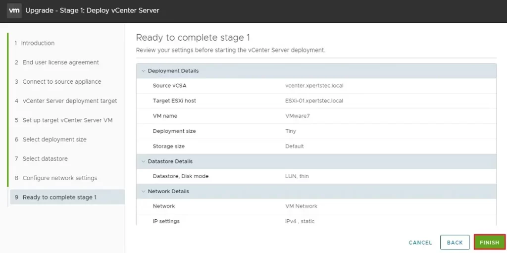 upgrade vcenter server review settings