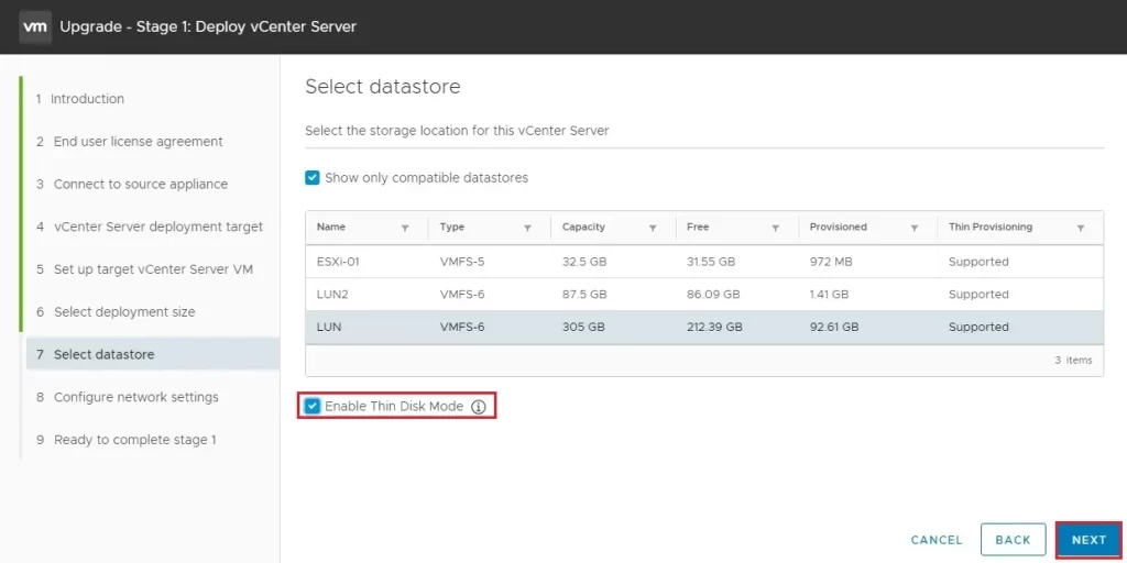 upgrade vcenter server select datastore