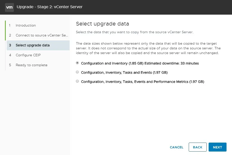 upgrade vcenter server select upgrade data