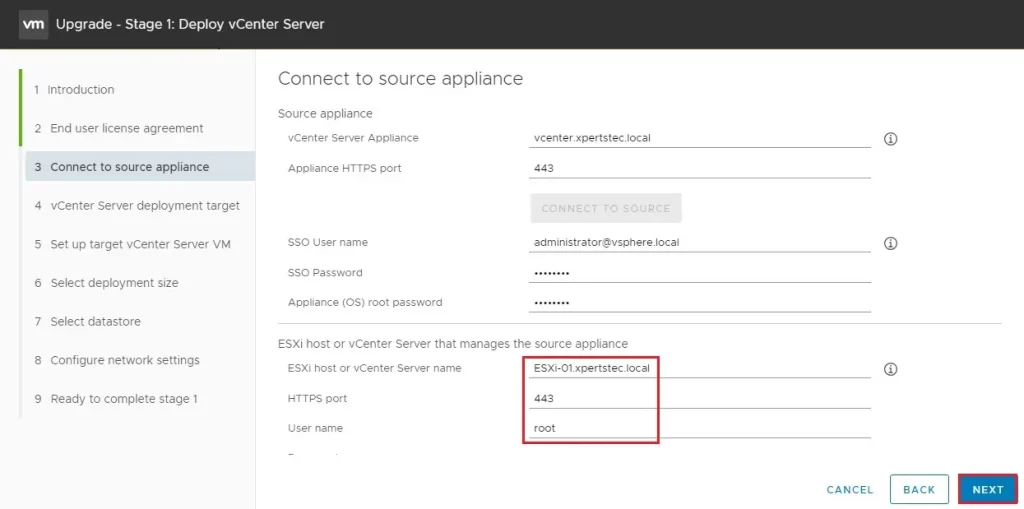 upgrade vcenter server source appliance