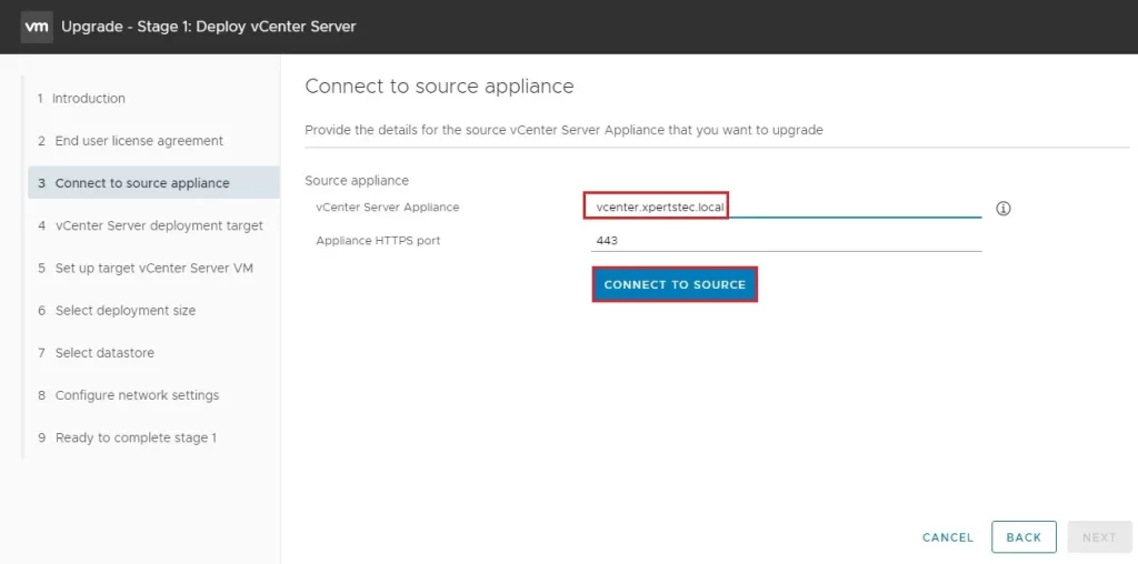 upgrade vcenter server source appliance