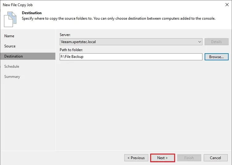 veeam new file copy destination