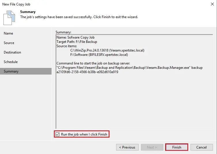 veeam new file copy job summary