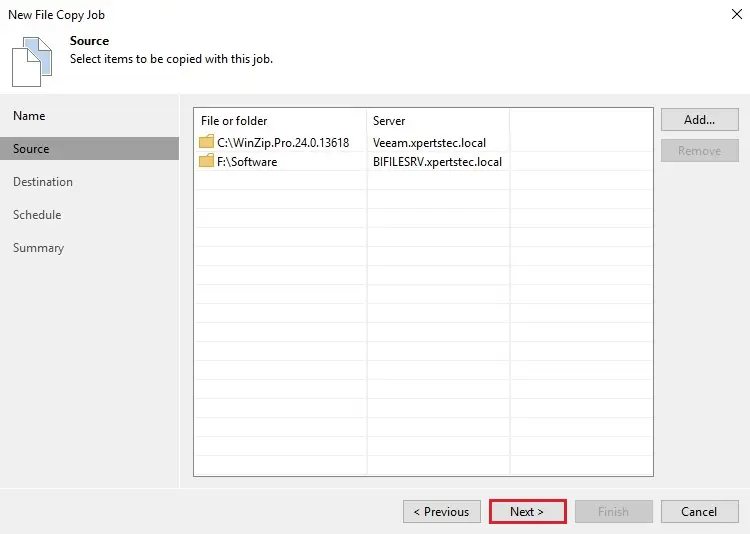 veeam new file copy source