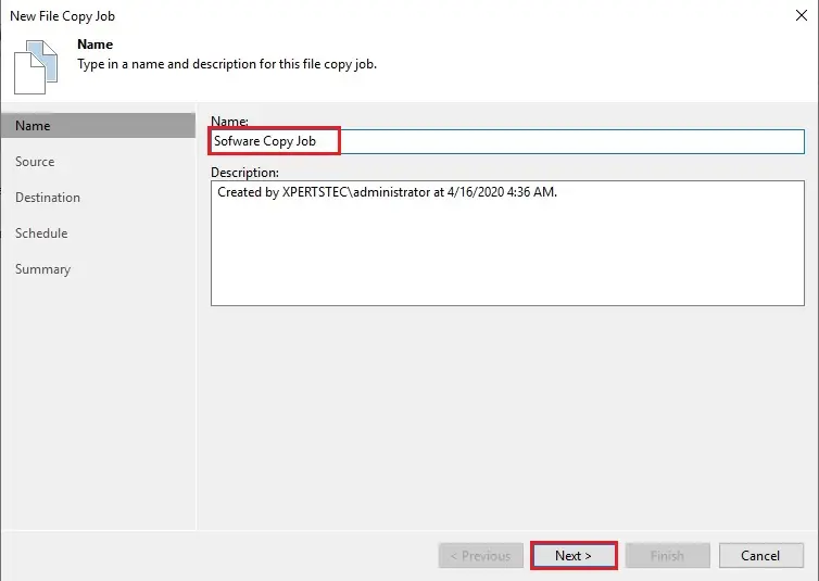 veeam new file copy wizard name