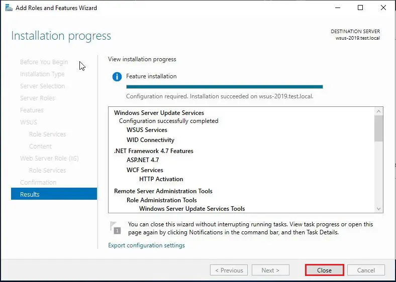 WSUS configuration completed successfully