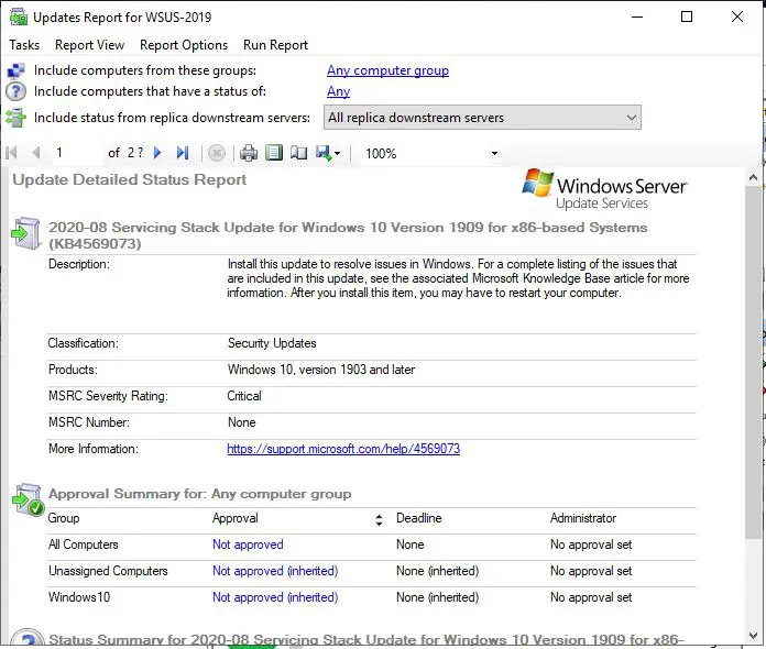 updates reports for WSUS