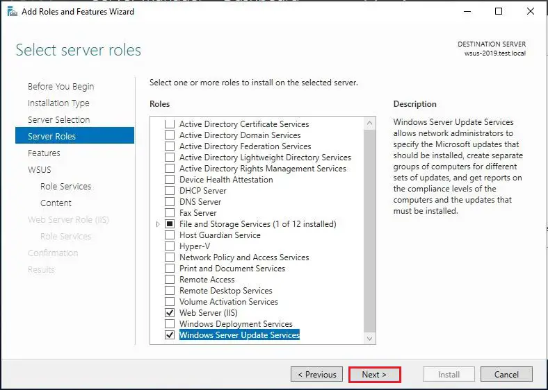 Select Windows Server Update Services role